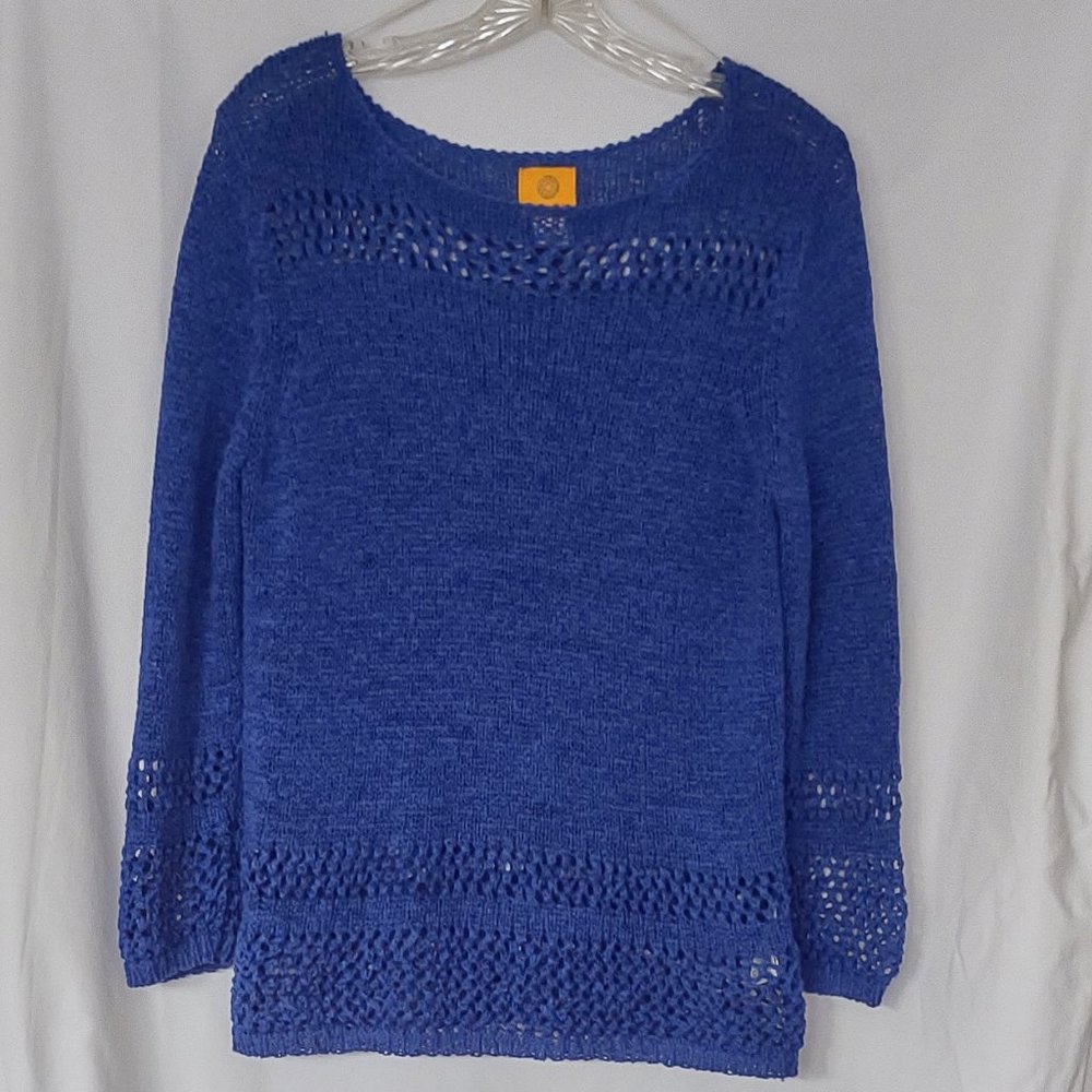 Ruby Rd Knit Sweater Cotton Poly Blend Open Weave L Large Bright Blue Year Round